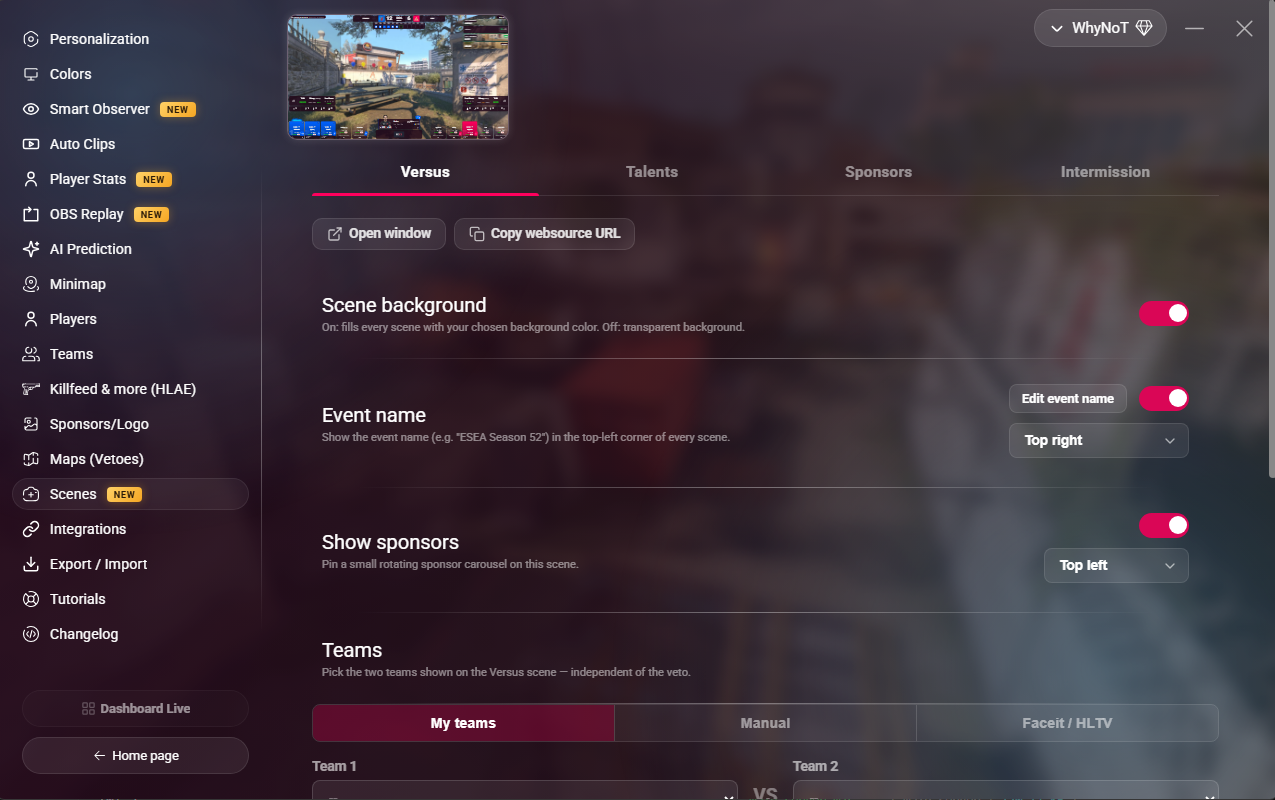 MyHUD config panel showing the Scenes tab with a live preview of the Versus scene